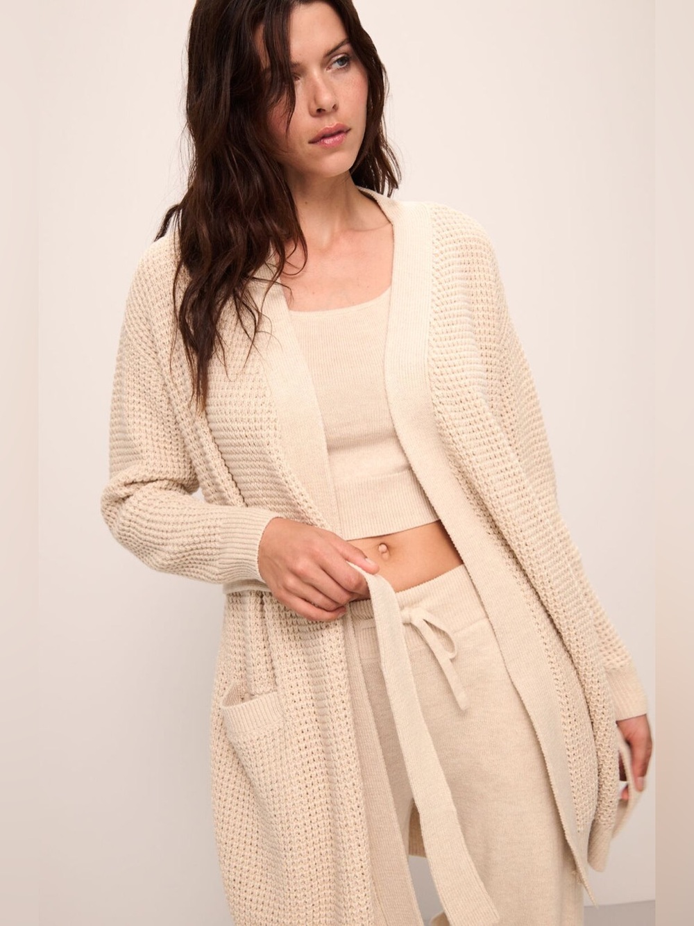 Eberjey Cream Open-Front Knit Belted
Recycled Sweater Short Wrap Size L